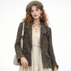 Vintage Woven Tweed Fringe Tassel Open Front Jacket XL